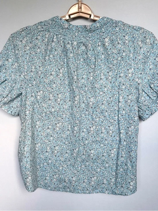 J Crew Blue Floral Smocked Button Up Blouse XXL Linen Cotton Puff Sleeve Shirt - Picture 13 of 15